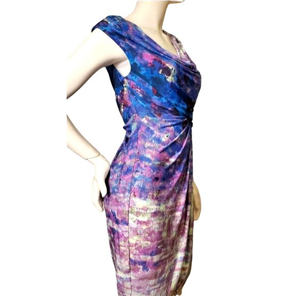 Suzi Chin Sm Y2k Dress Drape Neck Knee Length Sheath Tie-dye Bodycon Dead Stock - Picture 9 of 14